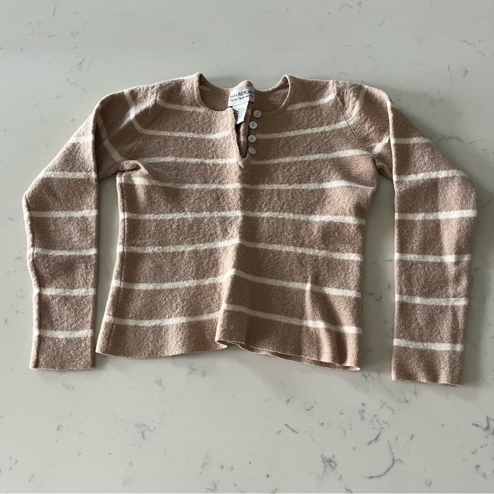 Banana Republic Women’s 100% Wool Beige and White Striped Sweater Crop Top